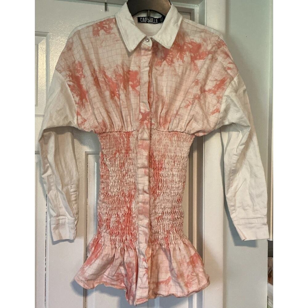 CAPSULLE Denim Shirt Size M Smocked Peplum Pink Watercolor Empire Waist Unique